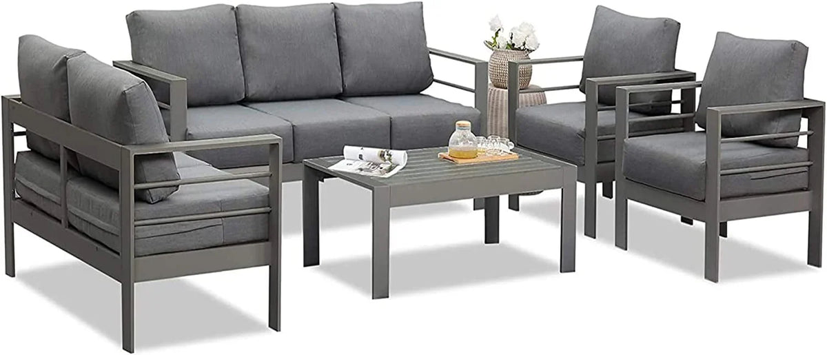 Superjoe Patio Furniture Aluminum Sofa All-Weather Outdoor 3 Seats Couch Gray Metal Chair with Dark Grey Cushions