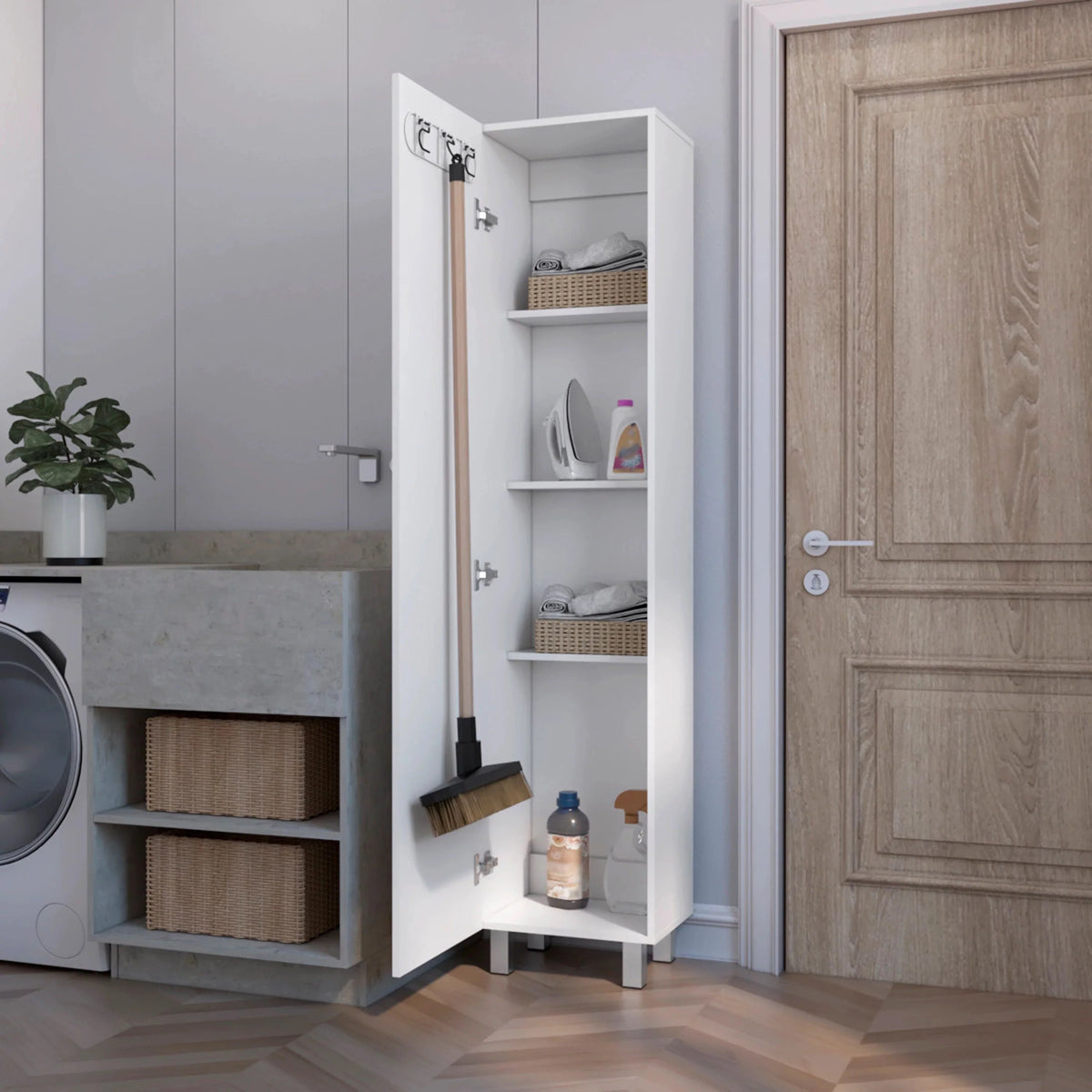 FM FURNITURE Clarno Tall Storage Cabinet, Single Door with Broom Hangers, White