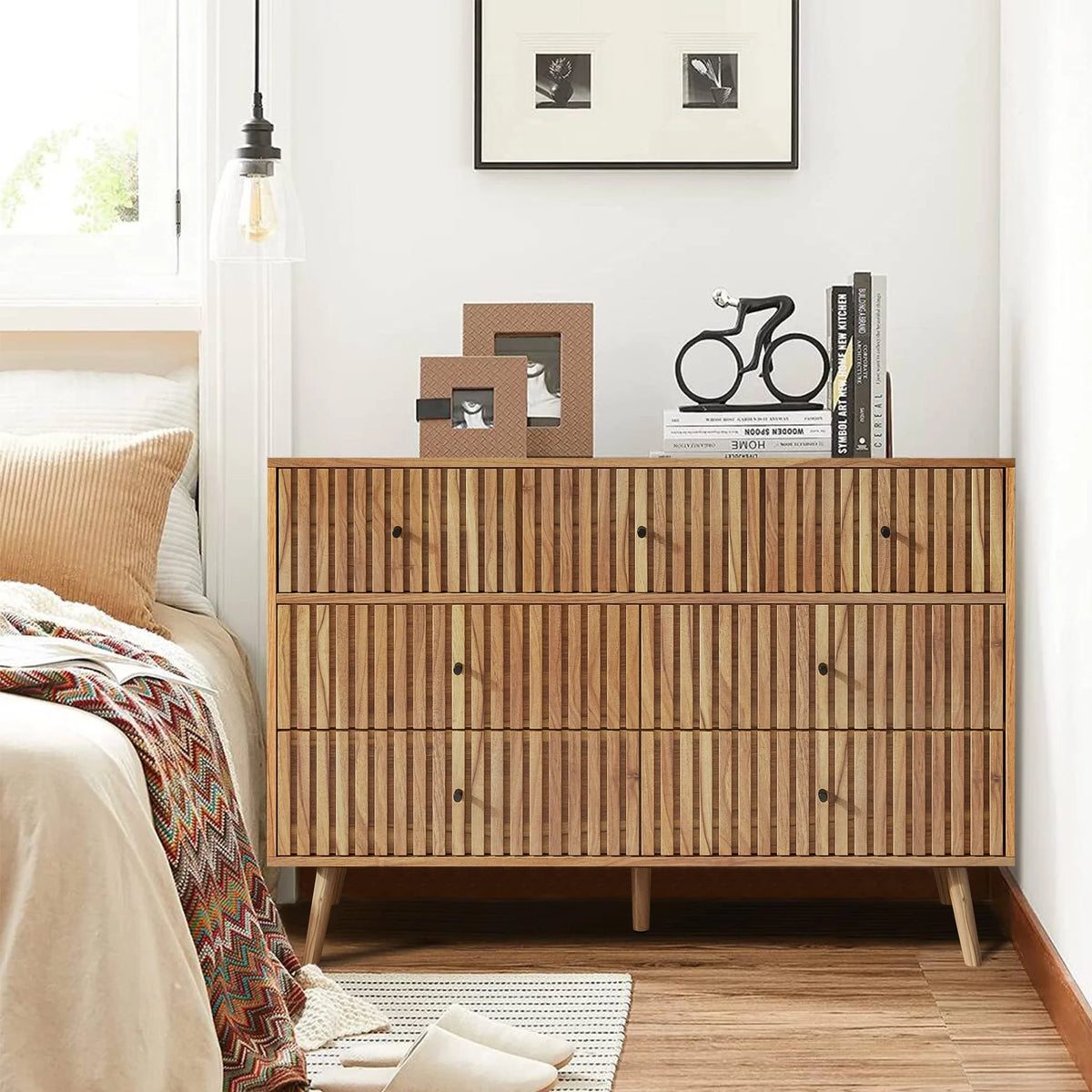 Oubayajia 7 Drawer Double Dresser, Fluted Chest of Drawers, Wood Storage Cabinet for Bedroom, Living Room, Hallway, Walnut