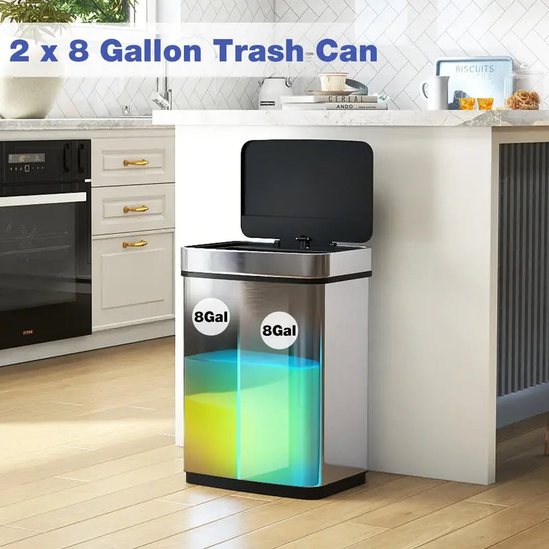 16-Gallon Dual-Compartment Automatic Trash Can with Stainless Steel Finish and Motion Sensor
