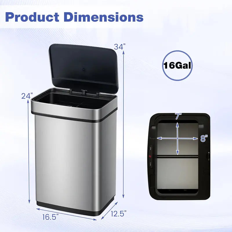 16-Gallon Dual-Compartment Automatic Trash Can with Stainless Steel Finish and Motion Sensor