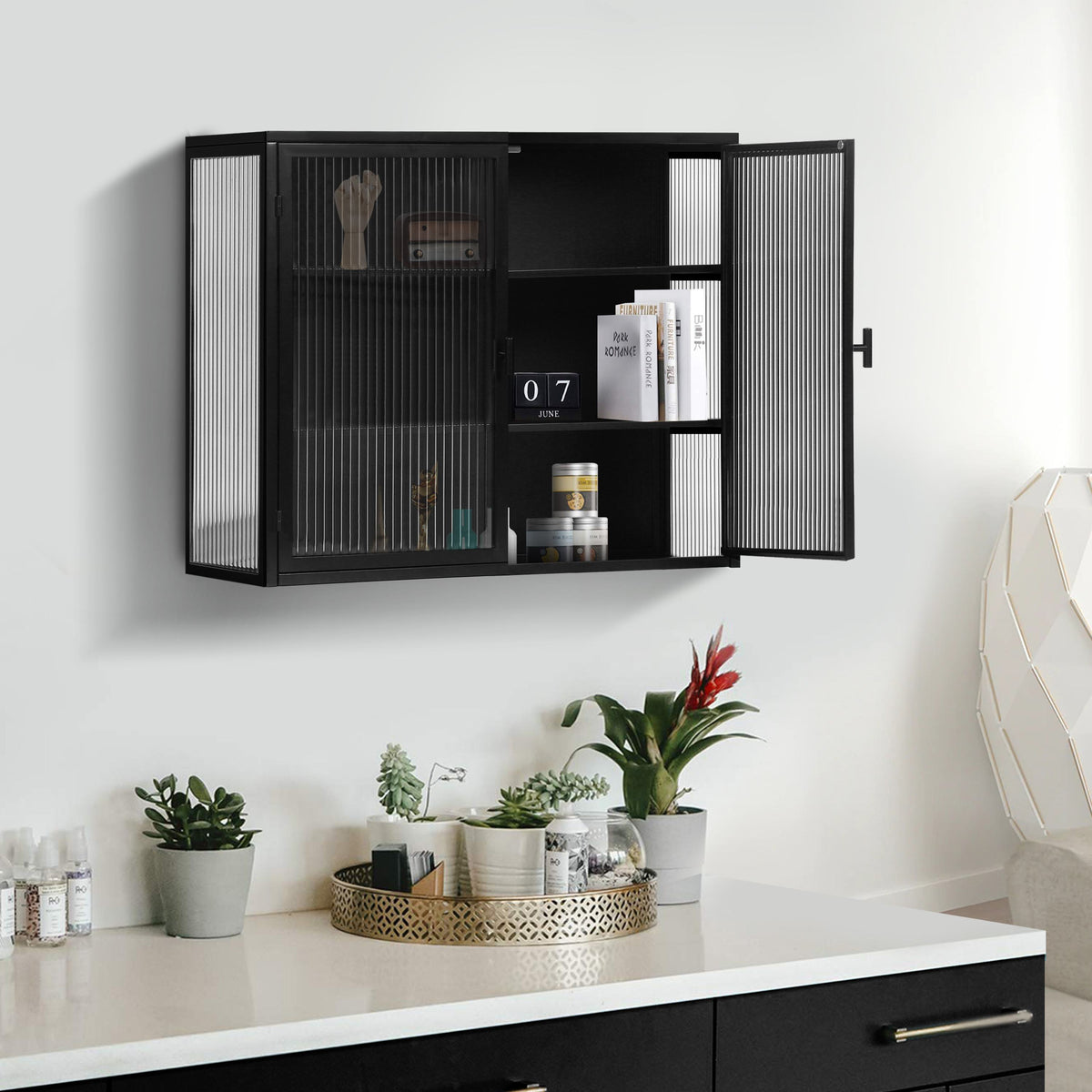 Badezimmerschrank hängend, Moderner Wandschrank 70x23x60 cm mit Glasfront und dreistufigen Regalen, Schwarz