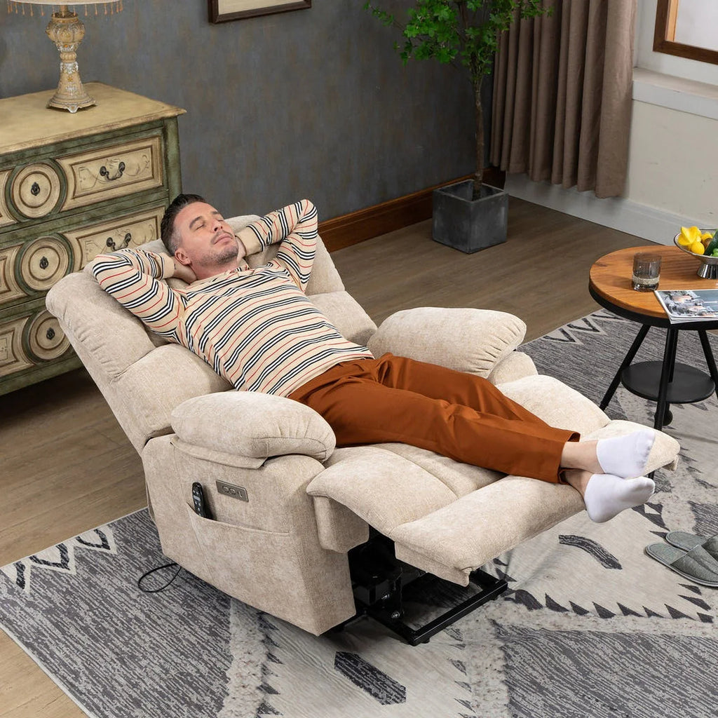 Oversized Power Lift Recliner Chairs for Adults,Beige Electric Recliners for Elderly with 8-Point Vibration Massage Lumbar Heating,2 Side Pocket,USB Port,24" Seat Width,25" Seat Depth,20" Seat Height