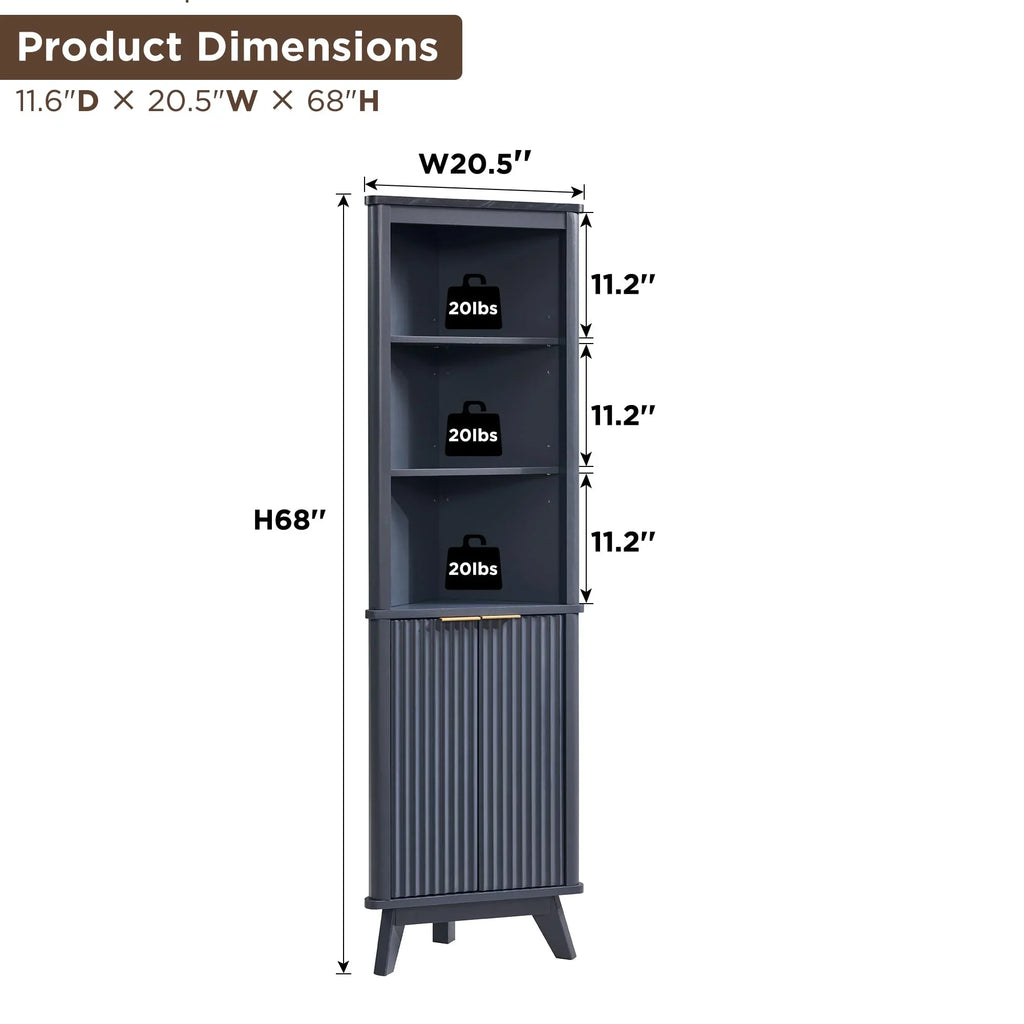 OKD 68" Tall Corner Storage Cabinet with Faux Marble Top and Adjustable Shelves Modern Pantry Curved Profile Bookshelf for Bathroom Kitchen Living Room Dining Room, Off White