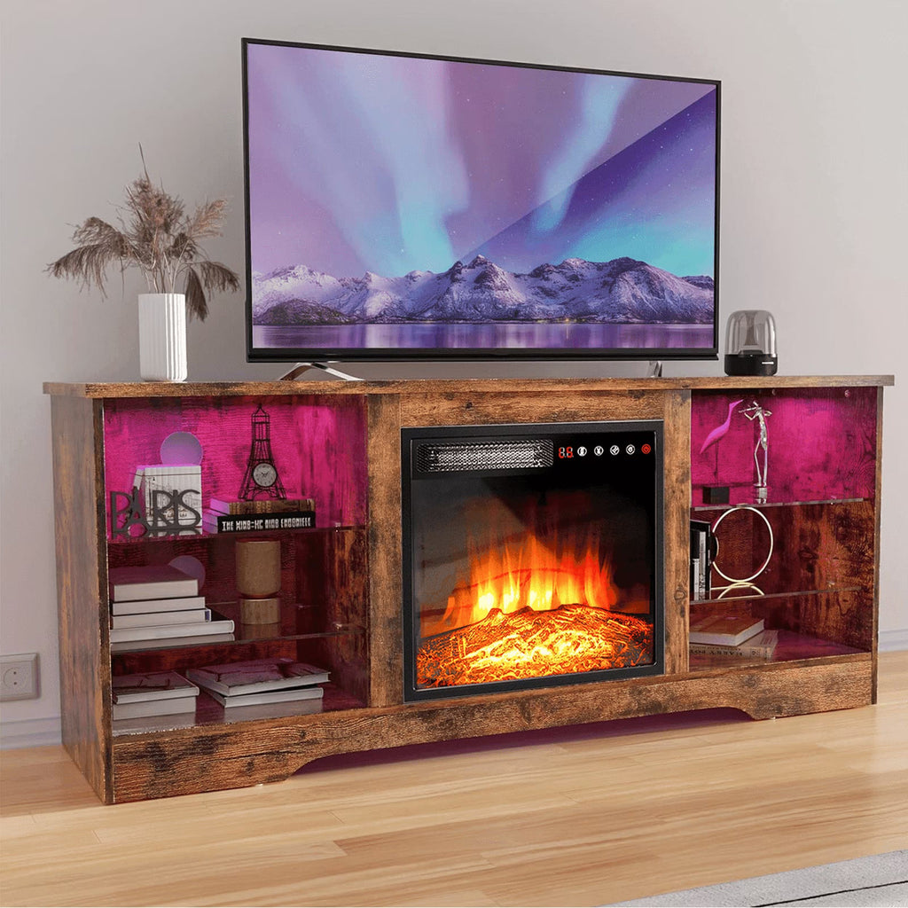 Waleaf Fireplace TV Stand with 18'' Fireplace for TVs up to 65 inch, Two Adjustable Glass Shelves