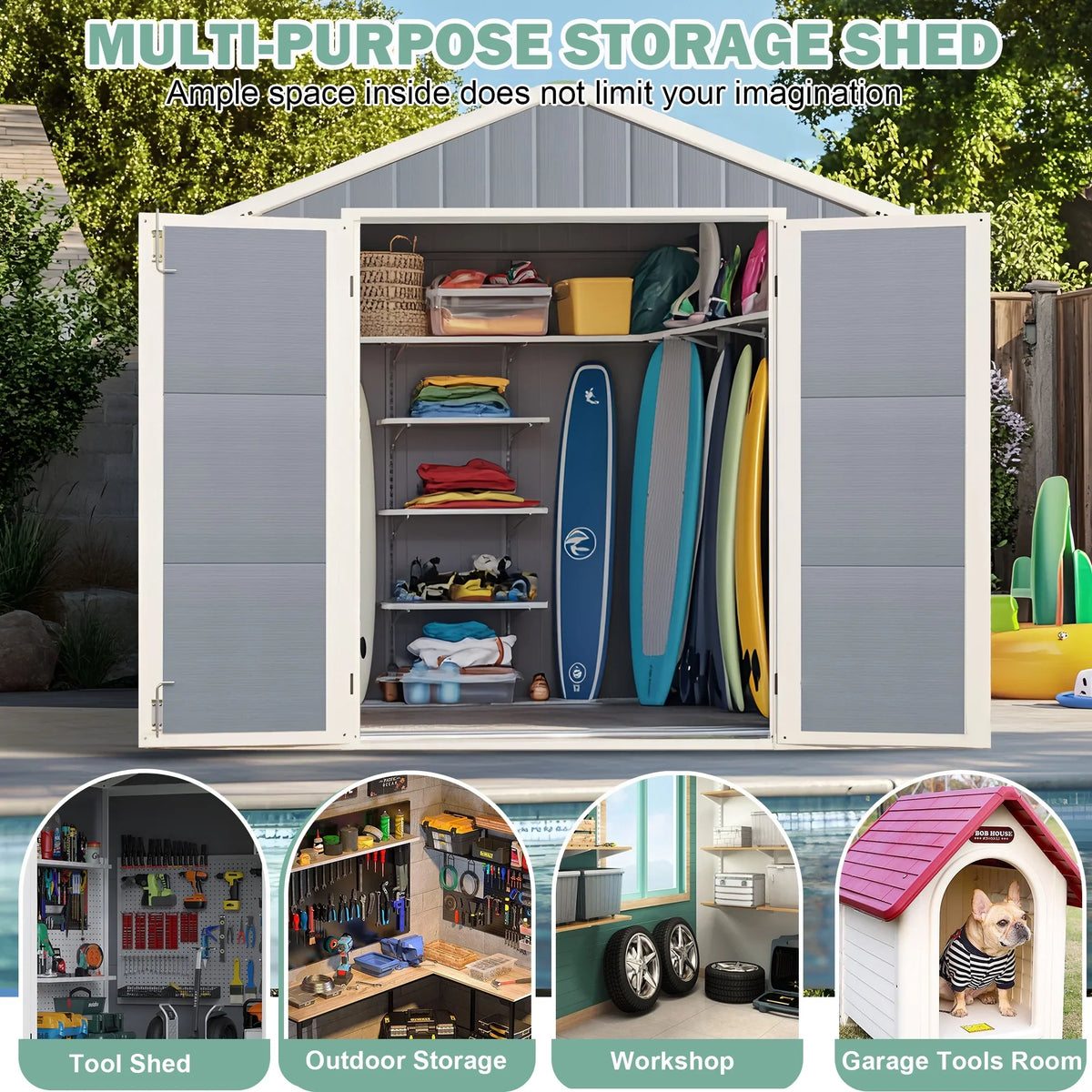 Outdoor Shed & Storage, Seizeen All-Weather Plastic Sheds 82'' H, Sloped Top Garden Shed with Window, Heavy-Duty Resin Outdoor Storage W/Floor, Gray