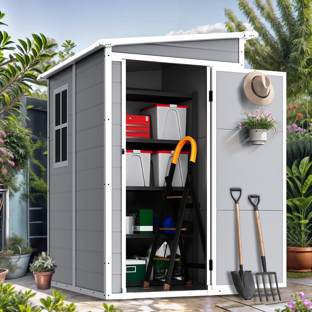 Outdoor Shed & Storage, Seizeen All-Weather Plastic Sheds 82'' H, Sloped Top Garden Shed with Window, Heavy-Duty Resin Outdoor Storage W/Floor, Gray