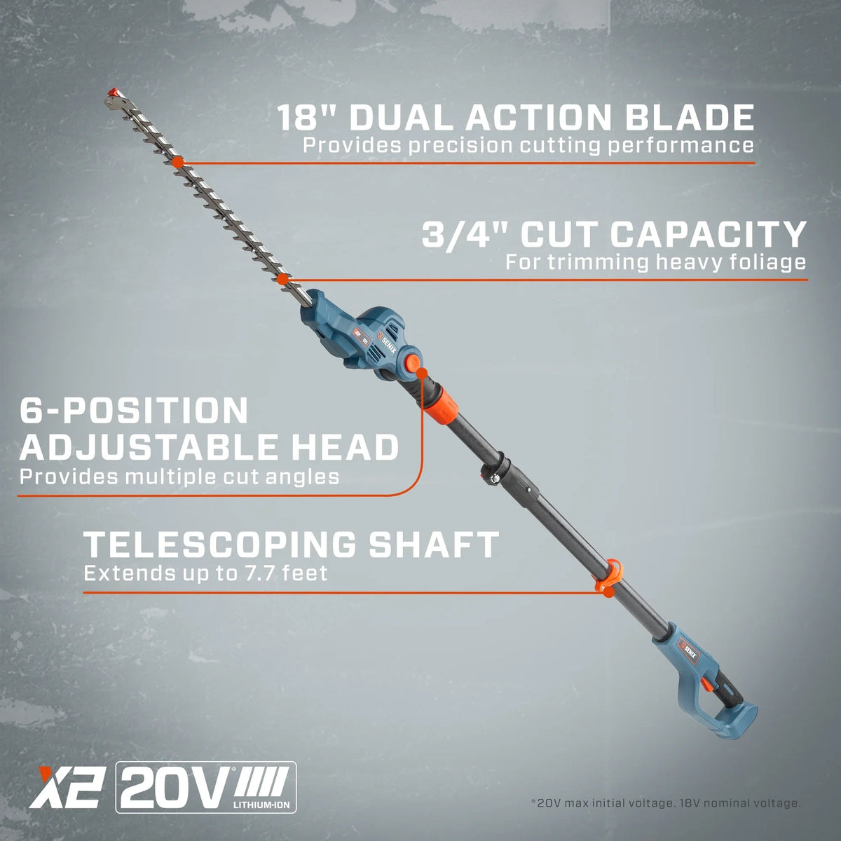 SENIX 20 Volt Max* Cordless Pole Hedge Trimmer 18-Inch Cutting / 21-inch Blade Length with Adjustable Head & Telescoping Shaft, Battery & Charger included, HTPX2-M