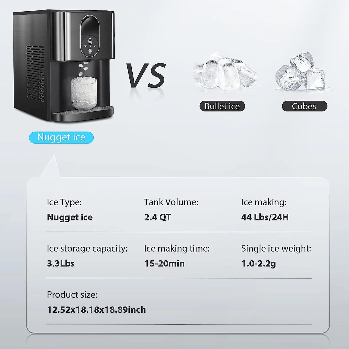 Auseo Ice Maker Countertop with Soft Chewable Ice, 44 lb/24H, Self - Cleaning, One - Click Operation for Home/Party(Black)