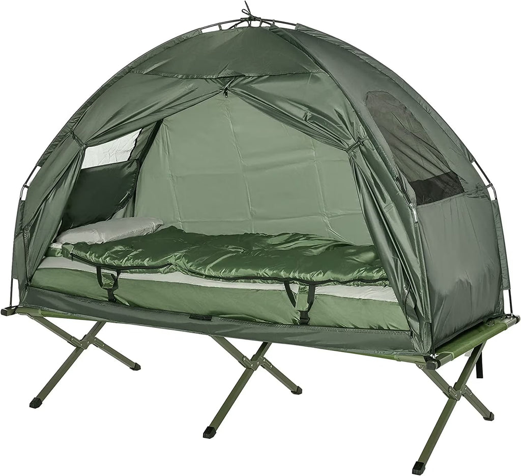 Outsunny Multifunctional Folding Camping Cots for Adults, Elevated Tent with Sleeping Bag, Thick Air Mattress Pad, Portable Single Sleeping Cot Camping Bed