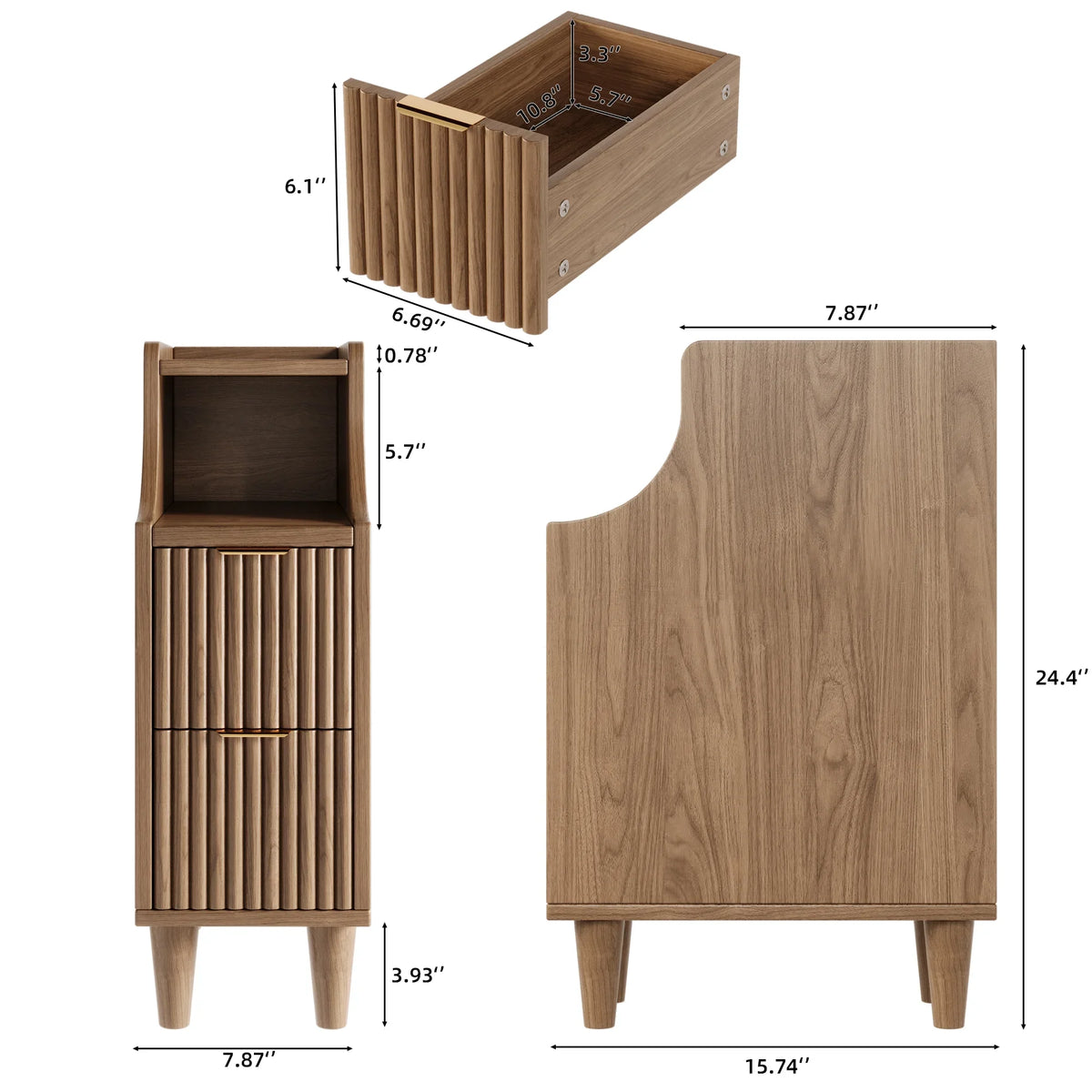 UGTOO 24.4"Tall Walnut Finish 2PC Bedside Table Set with 2 Large Drawers & Top Storage Space Open Shelf, Sturdy Wood Legs, Vintage Cabinet Nightstand for Bedroom with Metal Handle