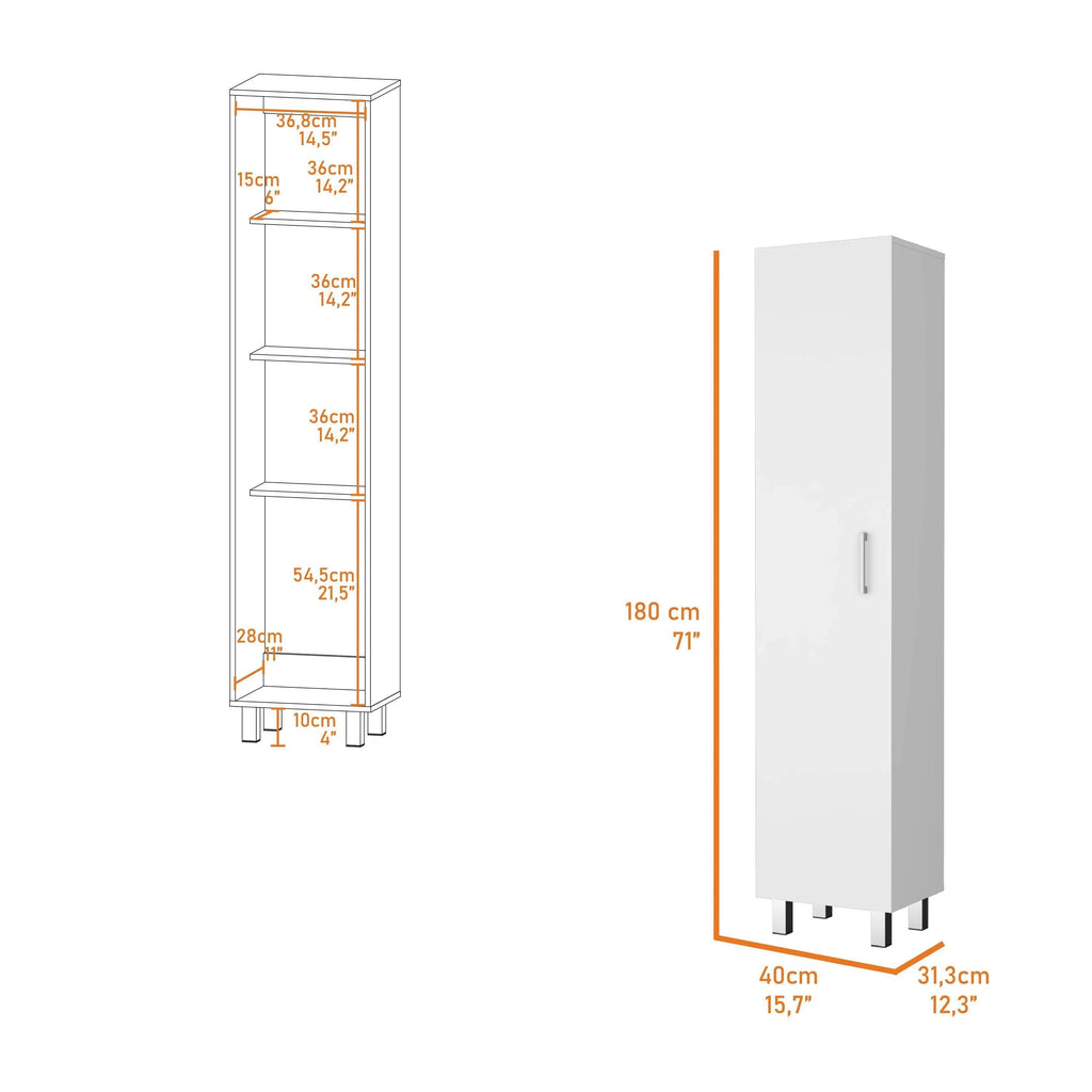 FM FURNITURE Clarno Tall Storage Cabinet, Single Door with Broom Hangers, White