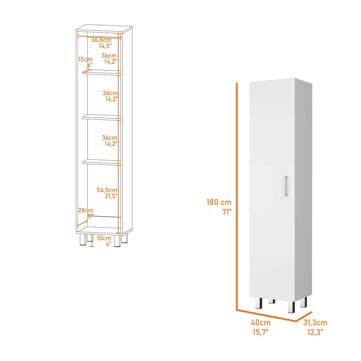 FM FURNITURE Clarno Tall Storage Cabinet, Single Door with Broom Hangers, White