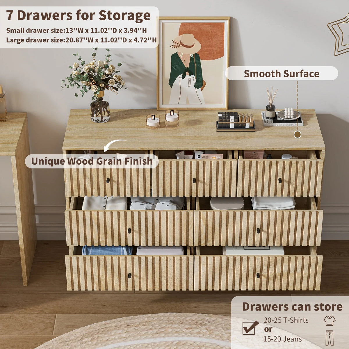 Oubayajia 7 Drawer Double Dresser, Fluted Chest of Drawers, Wood Storage Cabinet for Bedroom, Living Room, Hallway, Walnut