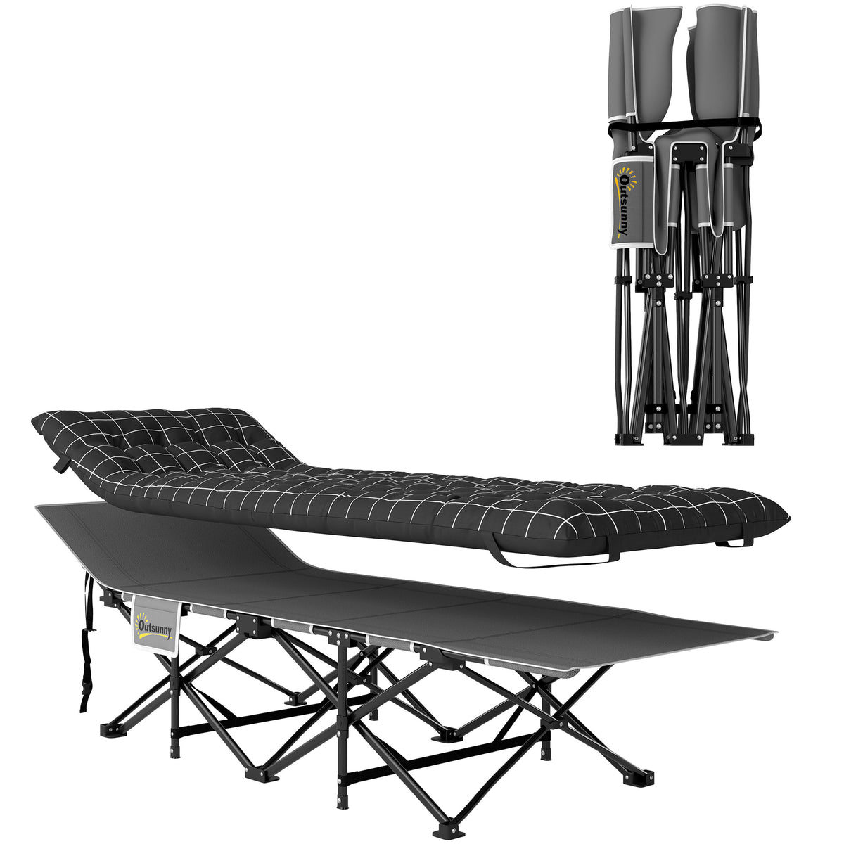 Outsunny Klappbares Campingbett, Feldbett mit Matratze, ergonomisch, Metallrahmen, Schwarz