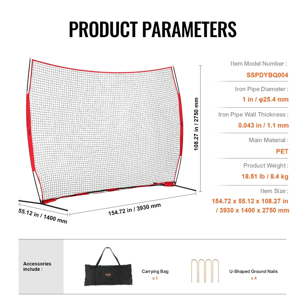 VEVOR Barricade Backstop Net, 12x9 ft Ball Sports Barrier Netting, Portable Practice Equipment with Carry Bag, Protection Screen for Baseball Softball Lacrosse Soccer Hockey Training, for Backyard