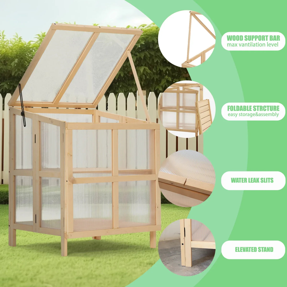Youmumeub Wooden Cold Frame Greenhouse, 2-Tier Raised Garden Planter with Polycarbonate Panels for Season Extension, Foldable, Natural Wood
