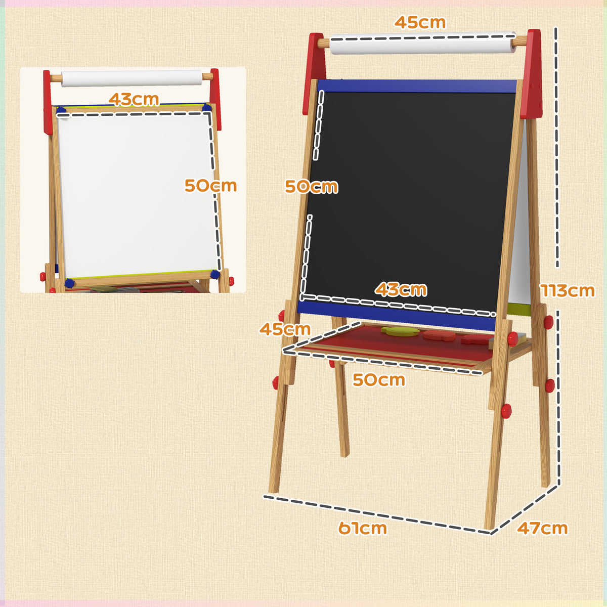 AIYAPLAY 3-in-1 Kindermalstaffelei, Kreidetafel, Whiteboard, Papierrolle, inklusive Zubehör, Kiefernholz, verstellbar