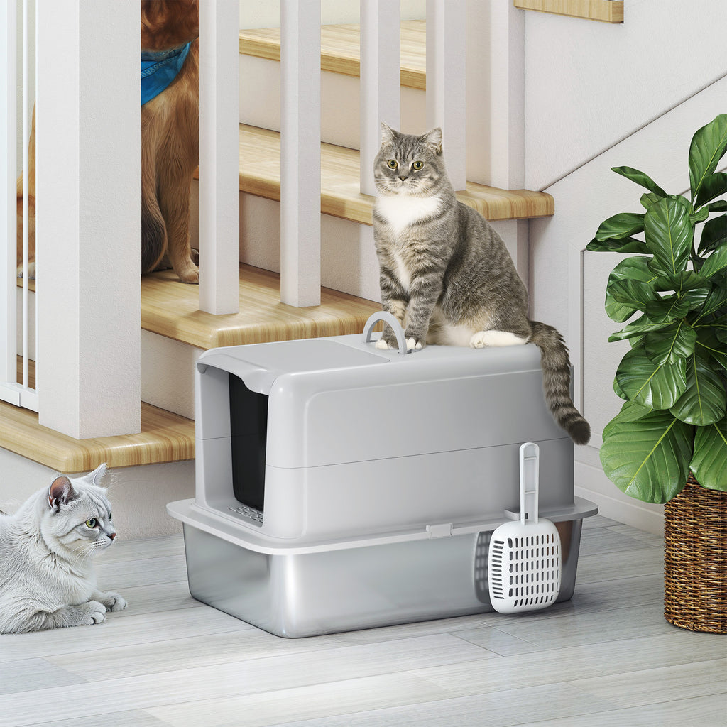PawHut Katzentoilette, Wanne aus Edelstahl, Filter, Schaufel, für Katzen bis 6 kg, 40,5 x 60,5 x 41,5 cm, Grau/Silber