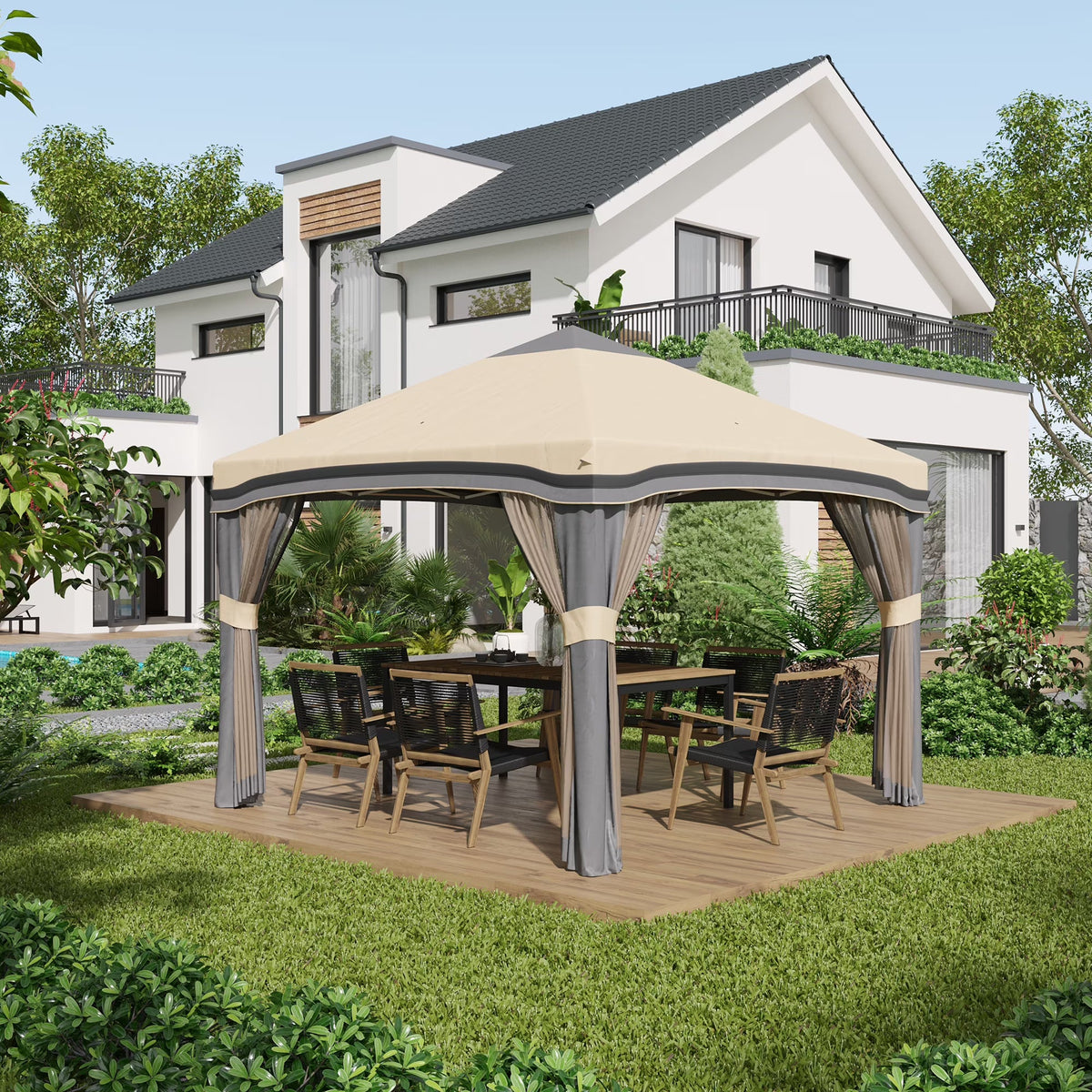 Outsunny 10' x 10' Pop Up Canopy with Nettings, Foldable Party Tent with Wheeled Carry Bag and 4 Sand Bags, Beige