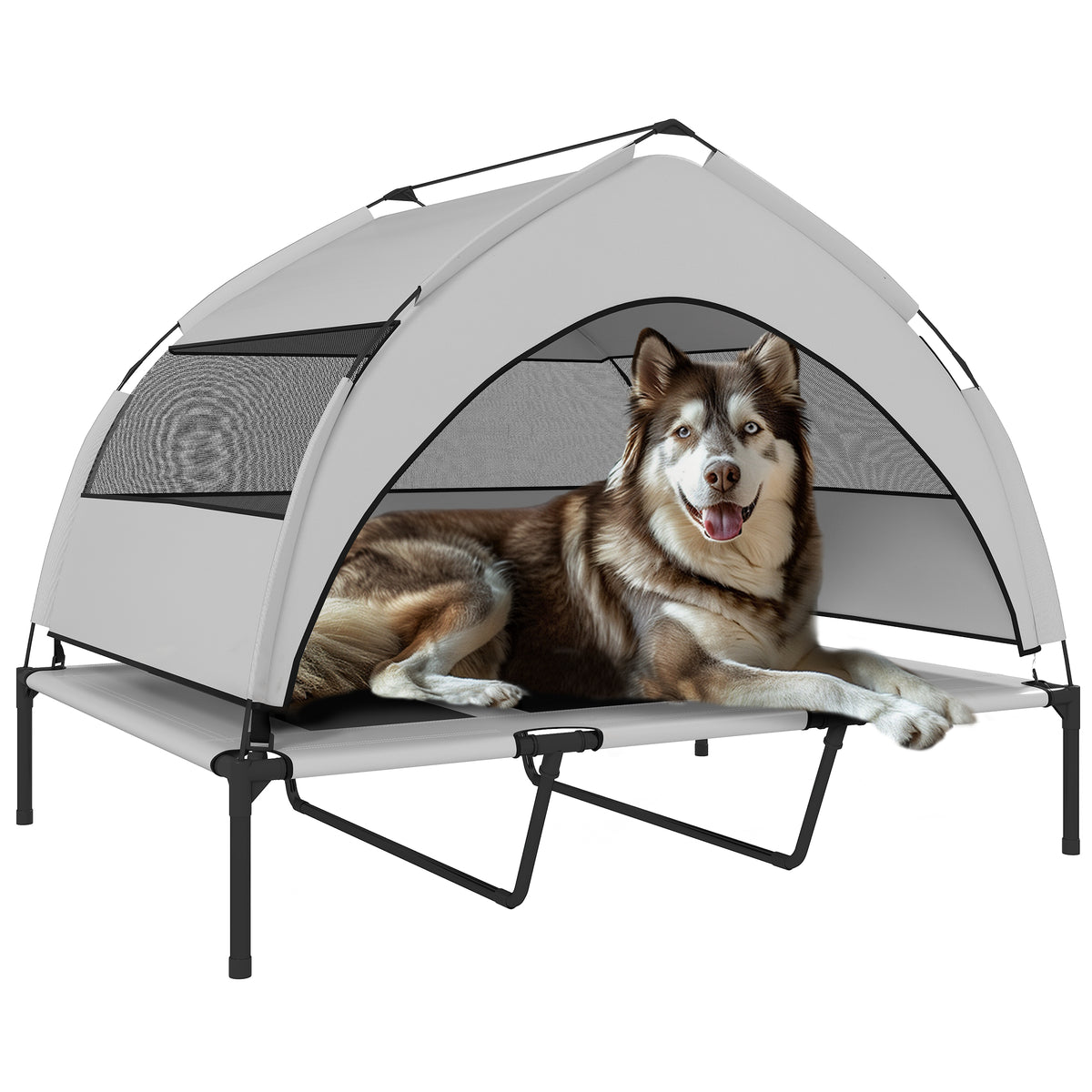 PawHut Hundebett mit abnehmbarer 3-seitiger Abdeckung aus Polyester und Stahl, 122x92x94 cm, Hellgrau und Schwarz