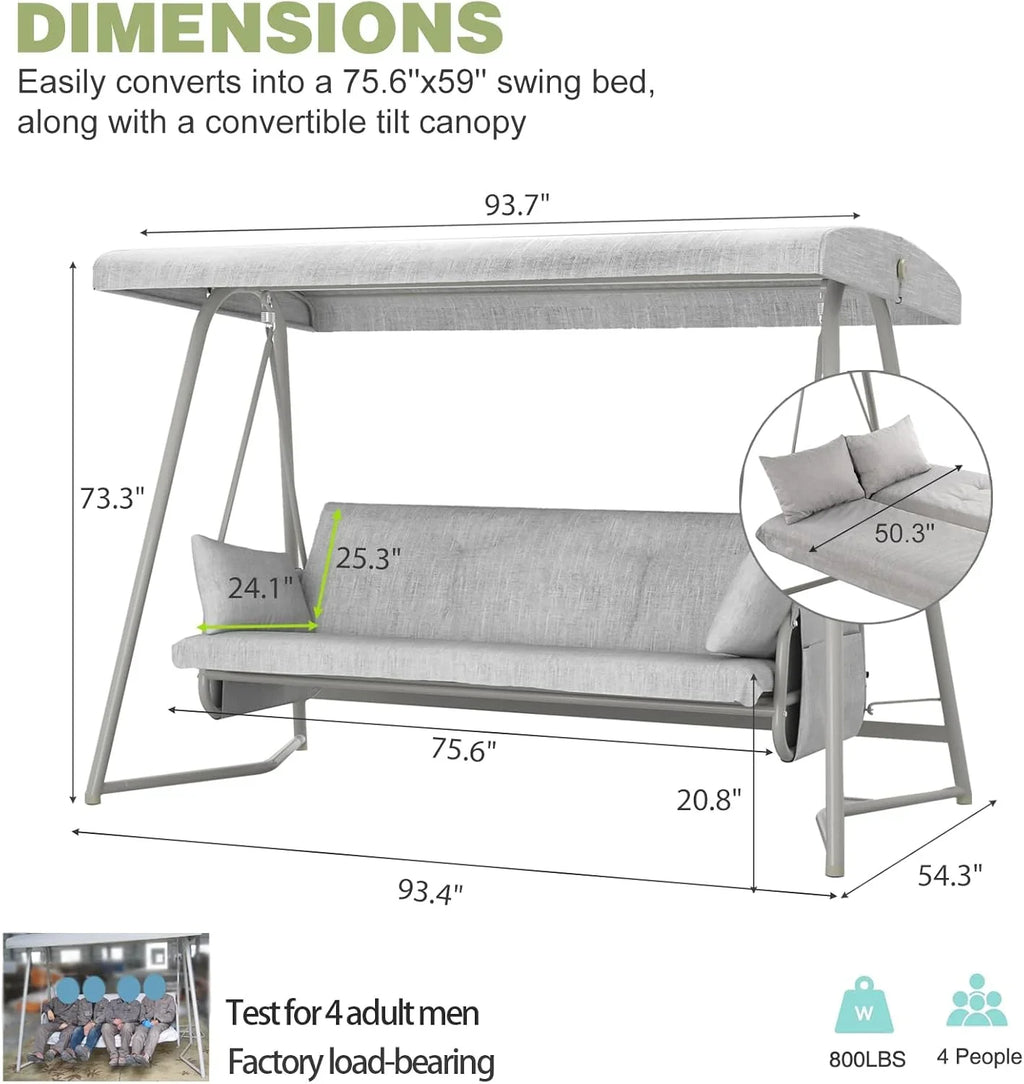 TQKVIPI Oversized 4 Person Outdoor Porch Swing with Adjustable Backrest Canopy,2-in-1 Swing Bed 800 lbs Capacity,Patio Swing with Removable Cushions for Yard Garden Poolside Balcony