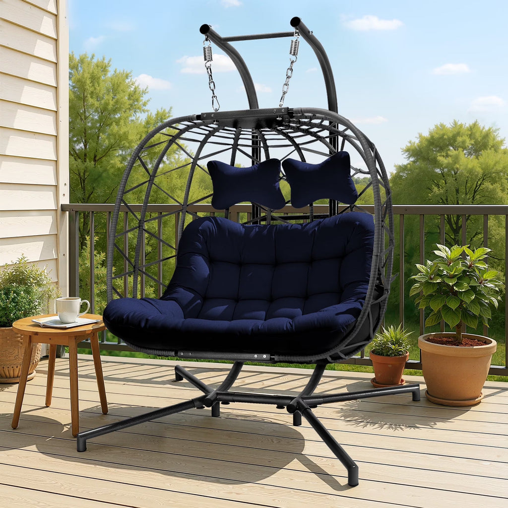 RADIATA Double Wicker Egg Swing Chair with Stand, 2-Person Hanging Egg Chair for Indoor/Outdoor, 700lbs Capacity, Thick Cushions & Headrest,Sturdy Metal Frame��Dark Gray