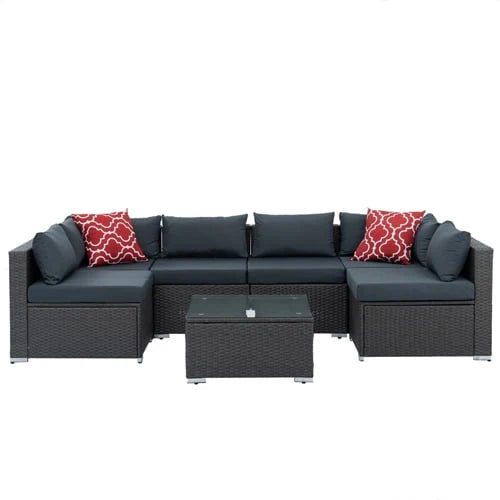 Wicker Patio Sofa Sets, 7 Pieces Outdoor Seating Sets, Lounge Sofa and Tempered Glass Coffee Table, Deck Front Garden Furniture Set, Brown Rattan + Beige Cushion