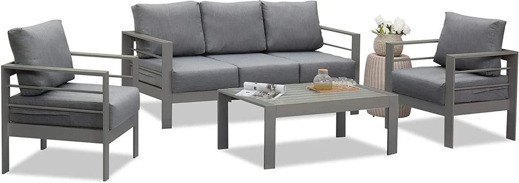 Superjoe Patio Furniture Aluminum Sofa All-Weather Outdoor 3 Seats Couch Gray Metal Chair with Dark Grey Cushions
