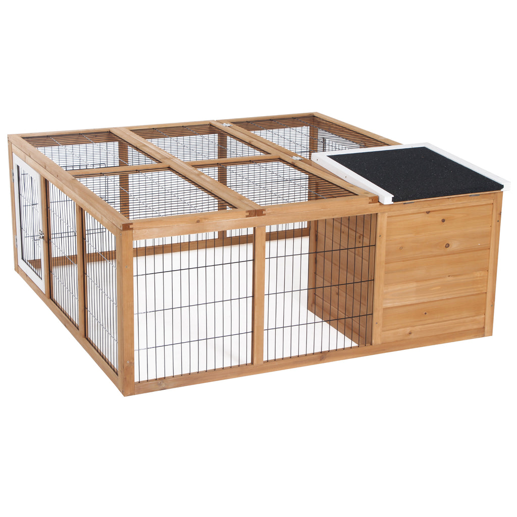 PawHut Kleintierstall mit Freigehege, aufklappbares Dach, wetterbeständig, 123 cm x 120 cm x 52 cm, Braun