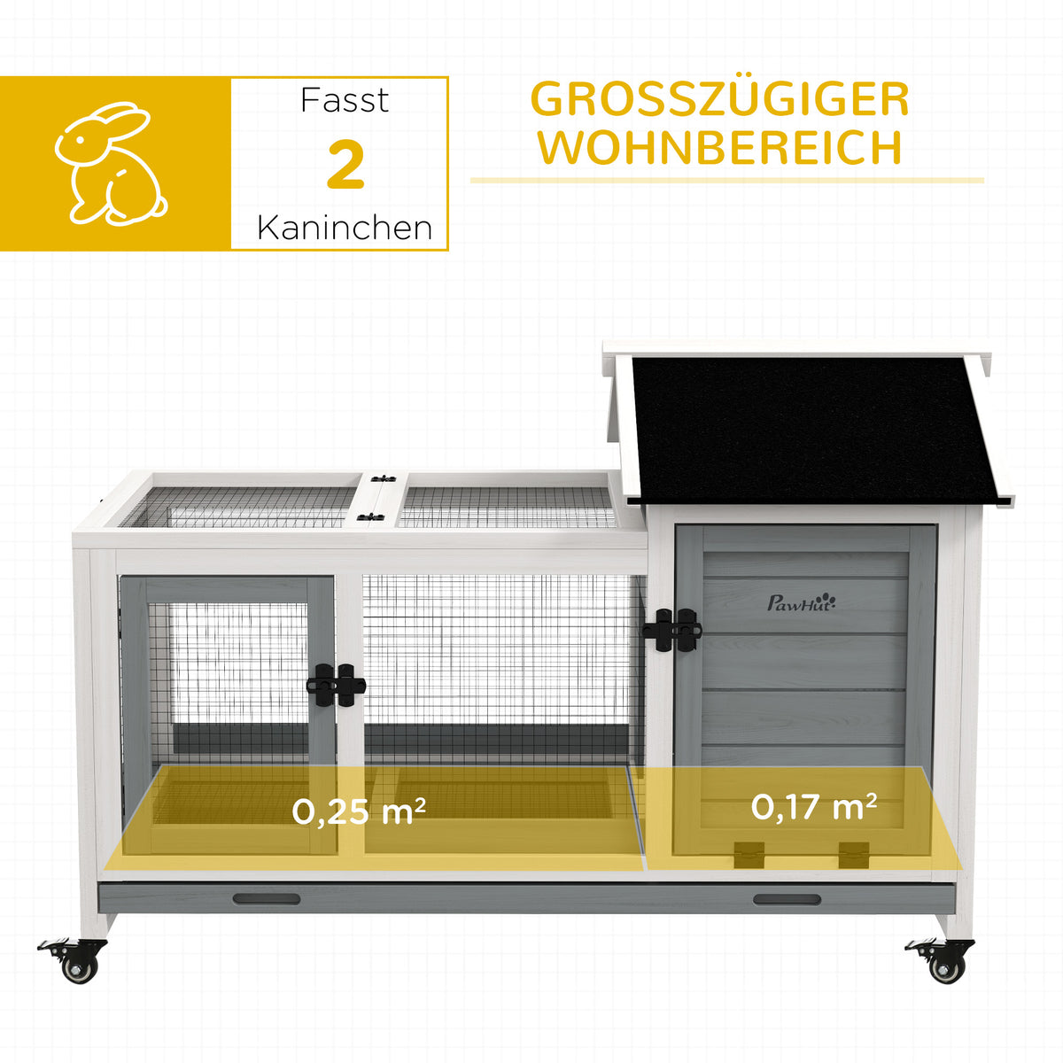 PawHut Kleintierstall für Zwergkaninchen, Meerschweinchen, mit Rädern, 108 x 58 x 73,5 cm, Grau