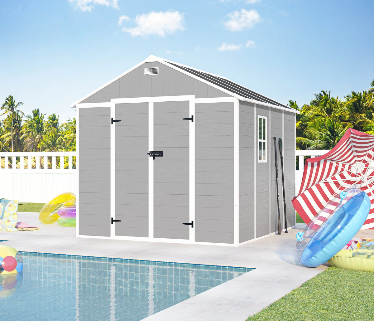 Outdoor Shed & Storage, Seizeen All-Weather Plastic Sheds 82'' H, Sloped Top Garden Shed with Window, Heavy-Duty Resin Outdoor Storage W/Floor, Gray