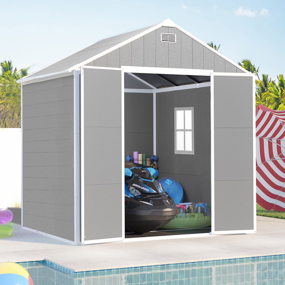 Outdoor Shed & Storage, Seizeen All-Weather Plastic Sheds 82'' H, Sloped Top Garden Shed with Window, Heavy-Duty Resin Outdoor Storage W/Floor, Gray