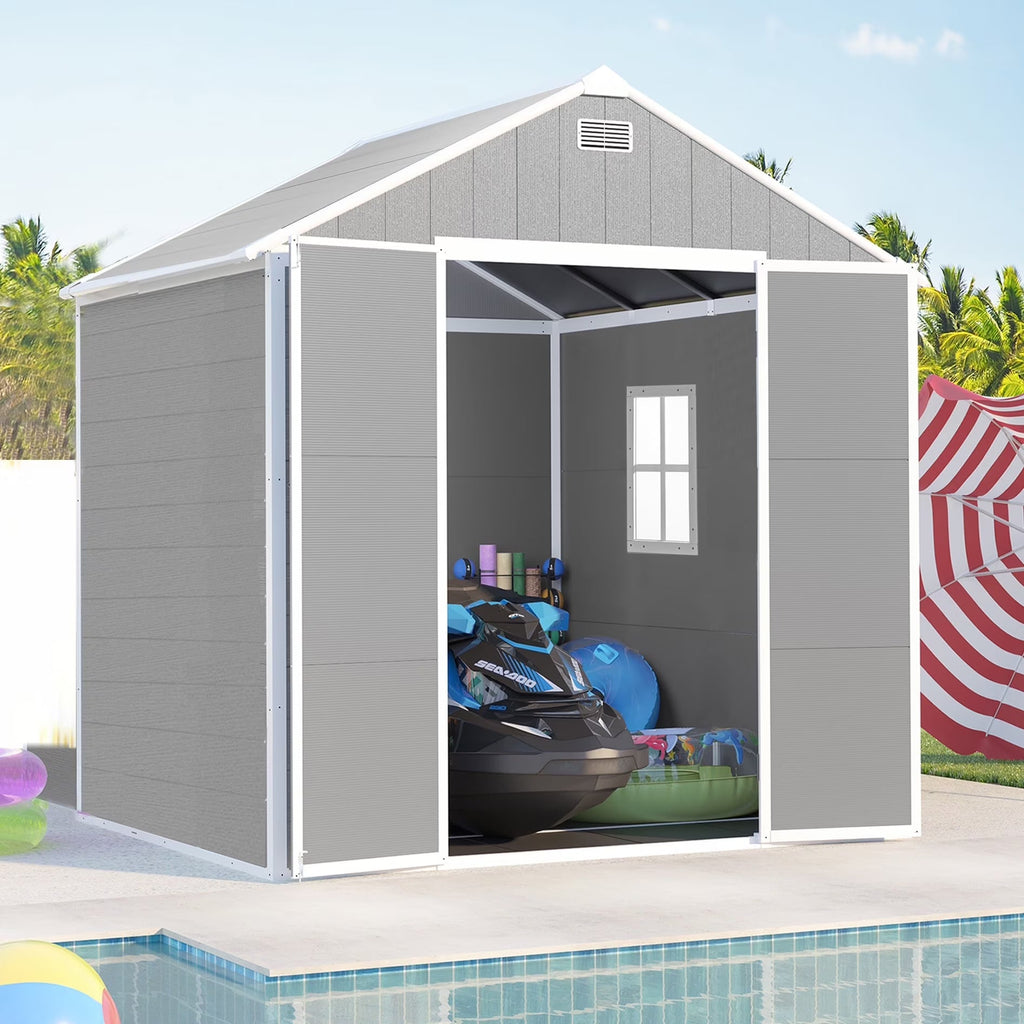 Outdoor Shed & Storage, Seizeen All-Weather Plastic Sheds 82'' H, Sloped Top Garden Shed with Window, Heavy-Duty Resin Outdoor Storage W/Floor, Gray