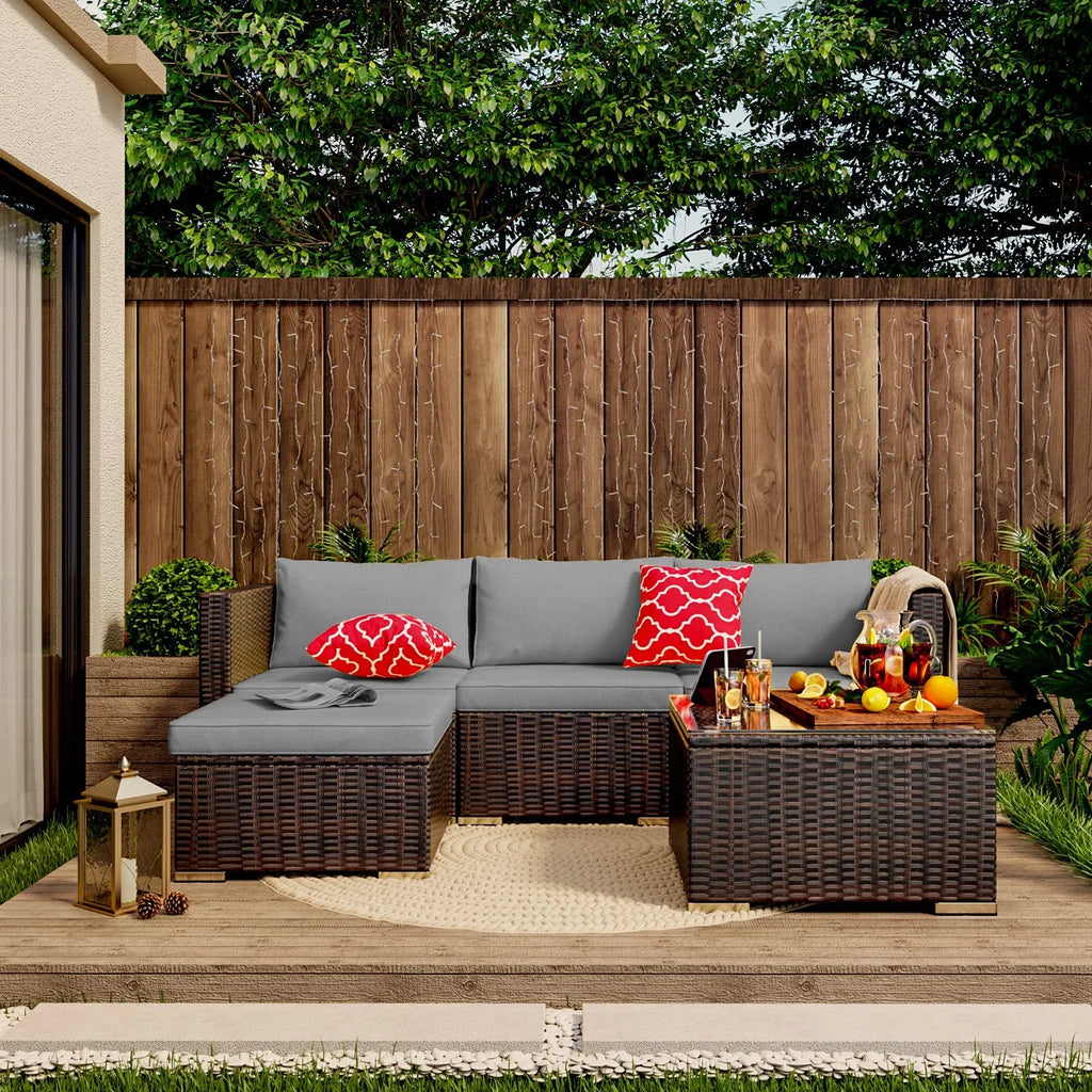 Patio Furniture Set Clearance, Lofka 5 Pieces Patio Conversation Set with Sofas and Tempered Glass Coffee Table for Outdoor Garden Gray