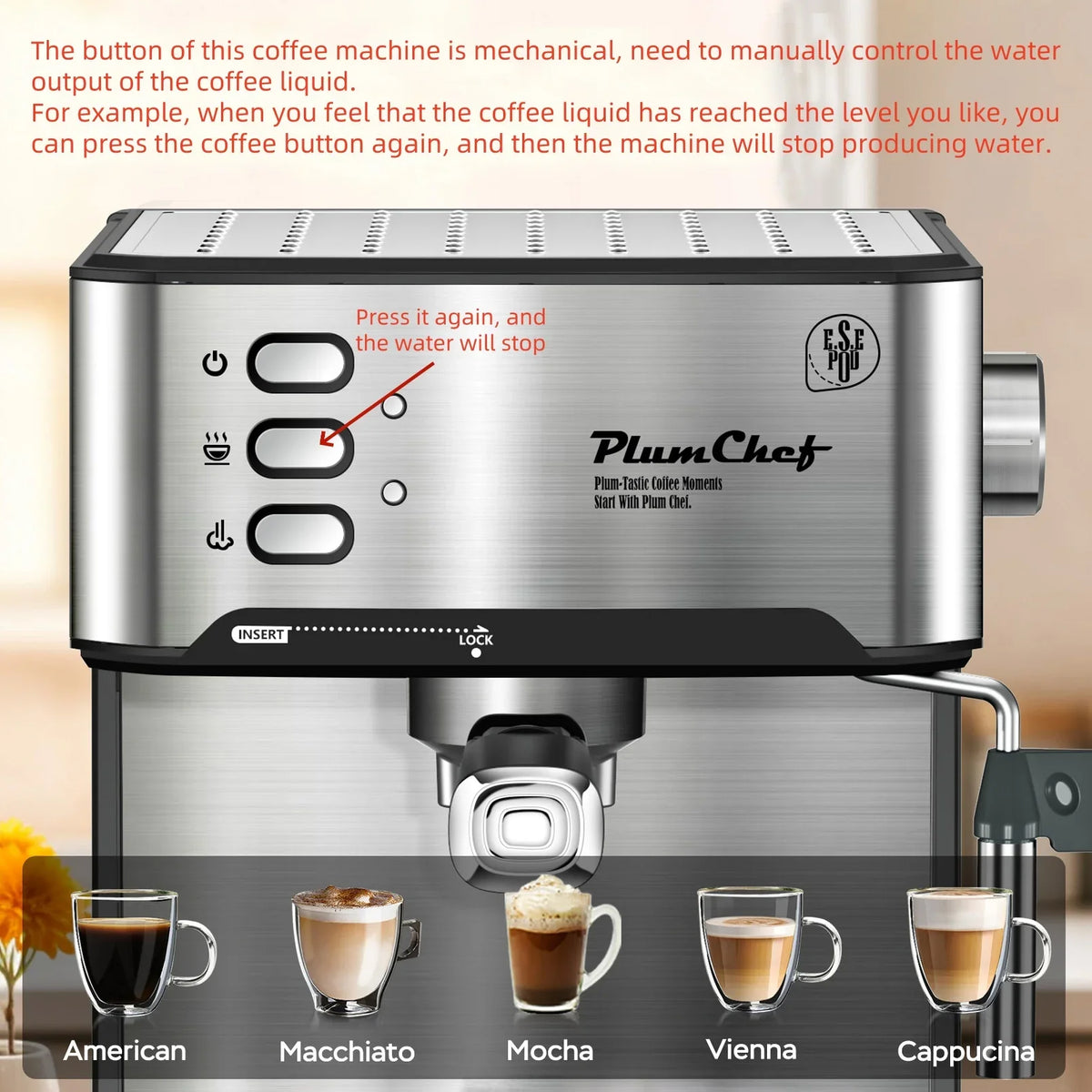 Plum Chef Espresso Machine, 20 Bar Coffee Maker with Foaming Milk Frother Wand, Espresso & Cappuccino Latte Maker Coffee Machine, 850W, 1.6L Removable Water Tank, Black&Silver
