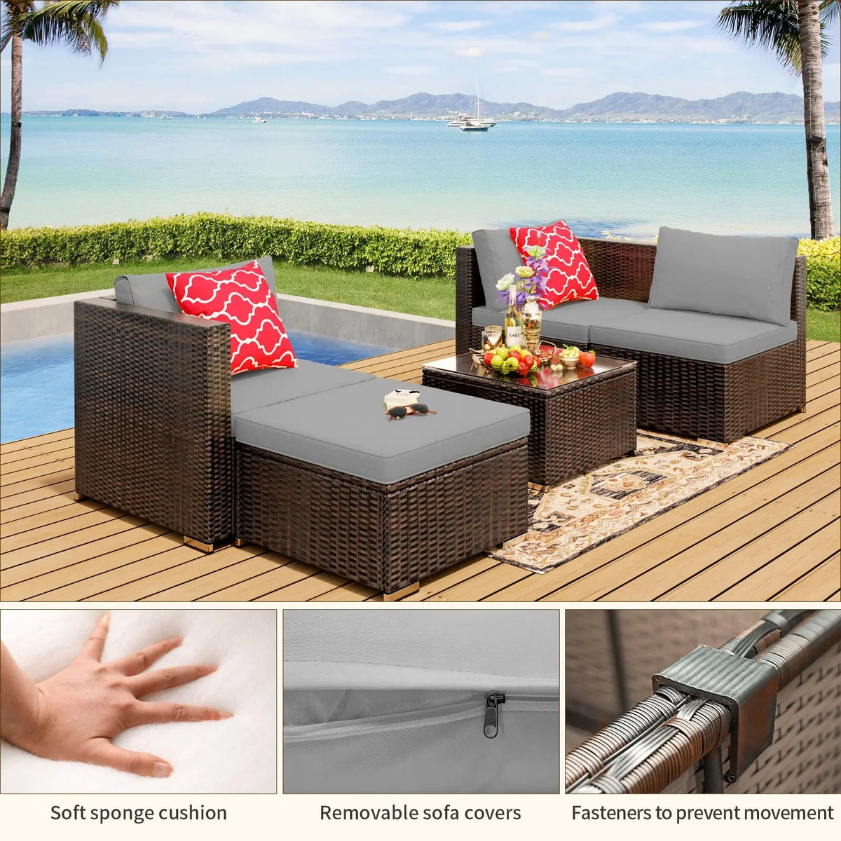 Patio Furniture Set Clearance, Lofka 5 Pieces Patio Conversation Set with Sofas and Tempered Glass Coffee Table for Outdoor Garden Gray