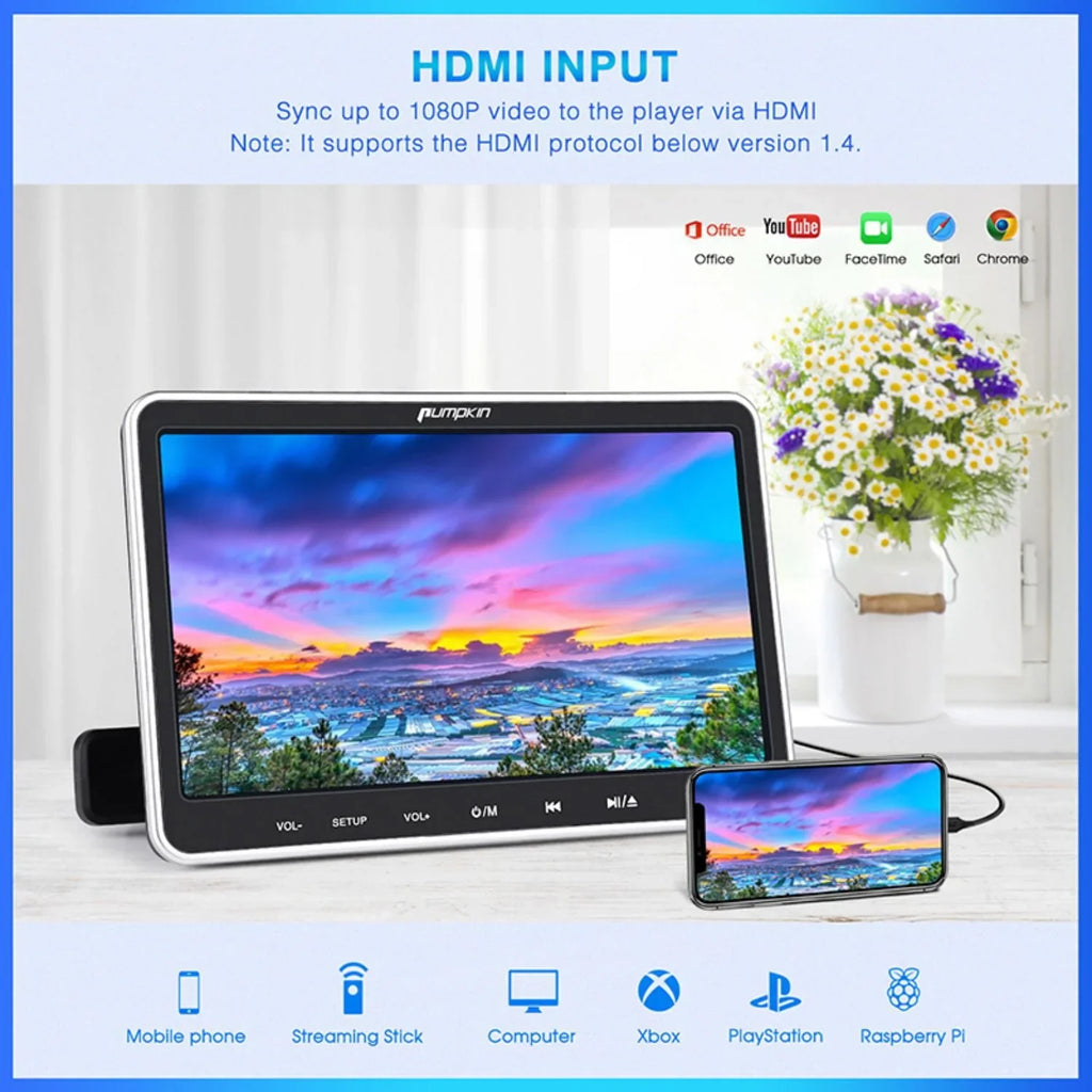 Pumpkin 10.1�?Dual Headrest DVD Players for Car with Headphones, 2 Mount Brackets HDMI Input Region Free Last Memory