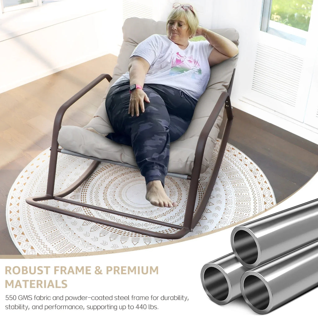 RADIATA Oversized Rocking Chair with Footrest, RADIATA Patio Papasan Rocking Recliner for Indoor Outdoor Use, Heavy Duty Wicker Lounge Chair, 450lbs, Beige