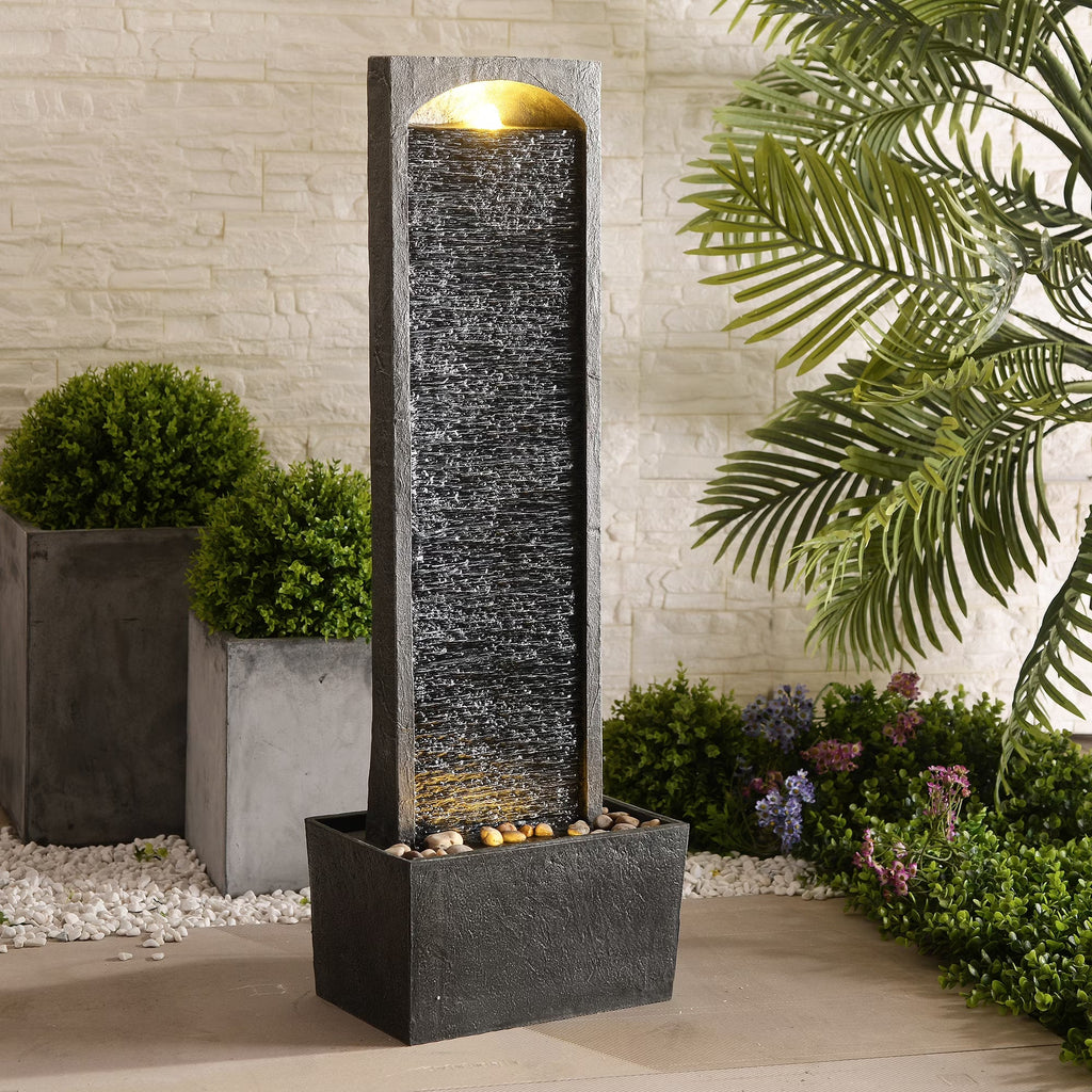Teamson Home 38.5" Faux Slate Contemporary Outdoor LED Waterfall Fountain with Pebble Base, Red Rock