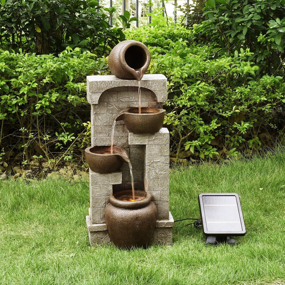 Teamson Home 28.5" Solar Powered 4-Tier Cascading Bowls & Stacked Stones Garden Water Fountain with LED Lights, Brown