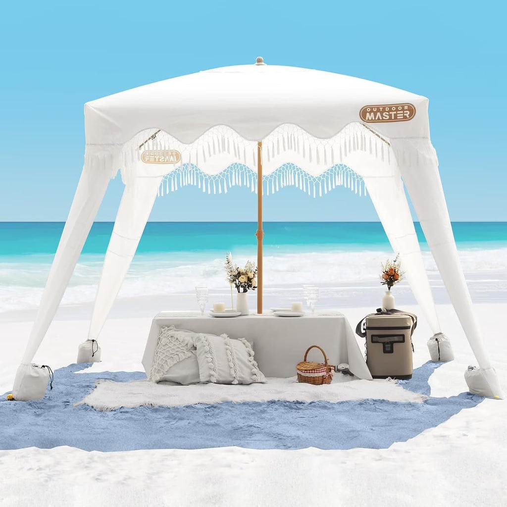 OutdoorMaster Beach Cabana with Fringe, Portable 6' x 6' Beach Canopy, Easy Set Up Beach Shelter, Included Side Wall, UPF 50+ UV Protection Sun Umbrella - for Kids, Family & Friends