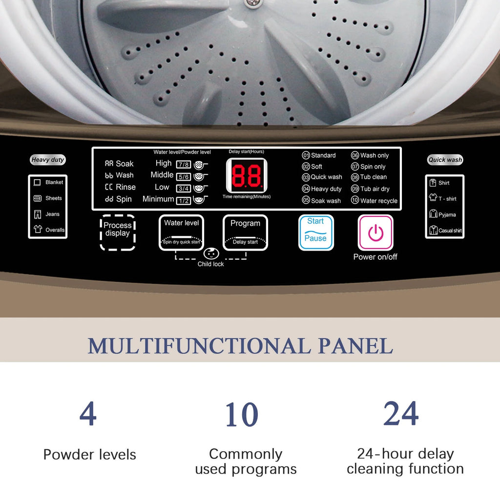 Krib B Full Automatic Washing Machine with Drain Pipe, 17.7 lb Portable Washers with 10 Programs & 8 Water Levels, Suitable for Apartment, Dorm, Grey