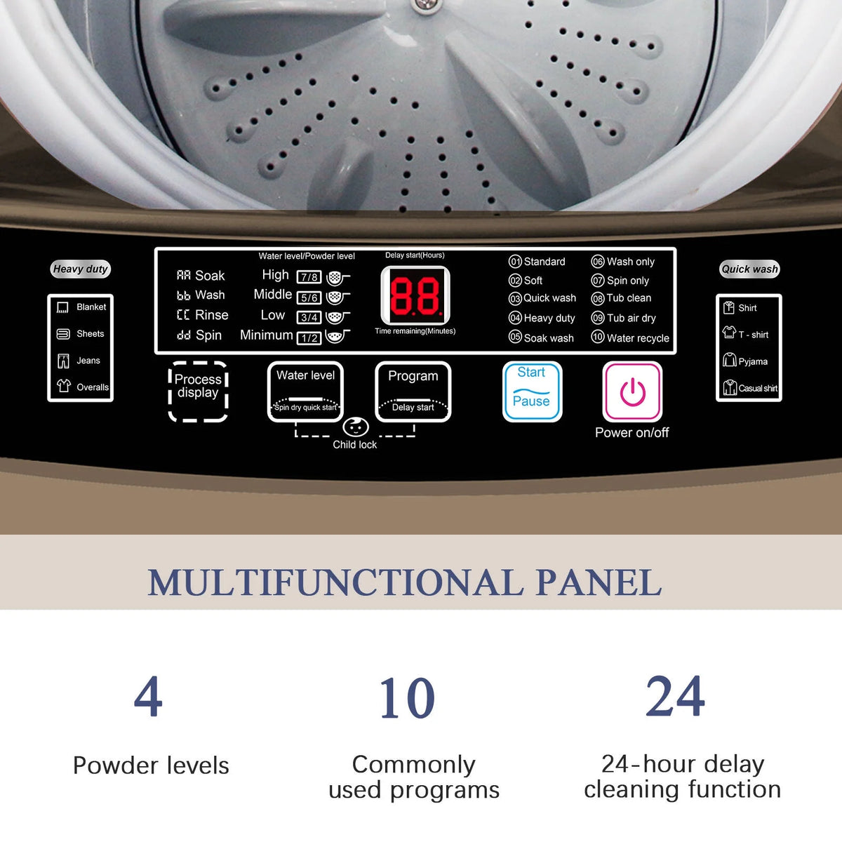 Krib B Full Automatic Washing Machine with Drain Pipe, 17.7 lb Portable Washers with 10 Programs & 8 Water Levels, Suitable for Apartment, Dorm, Grey