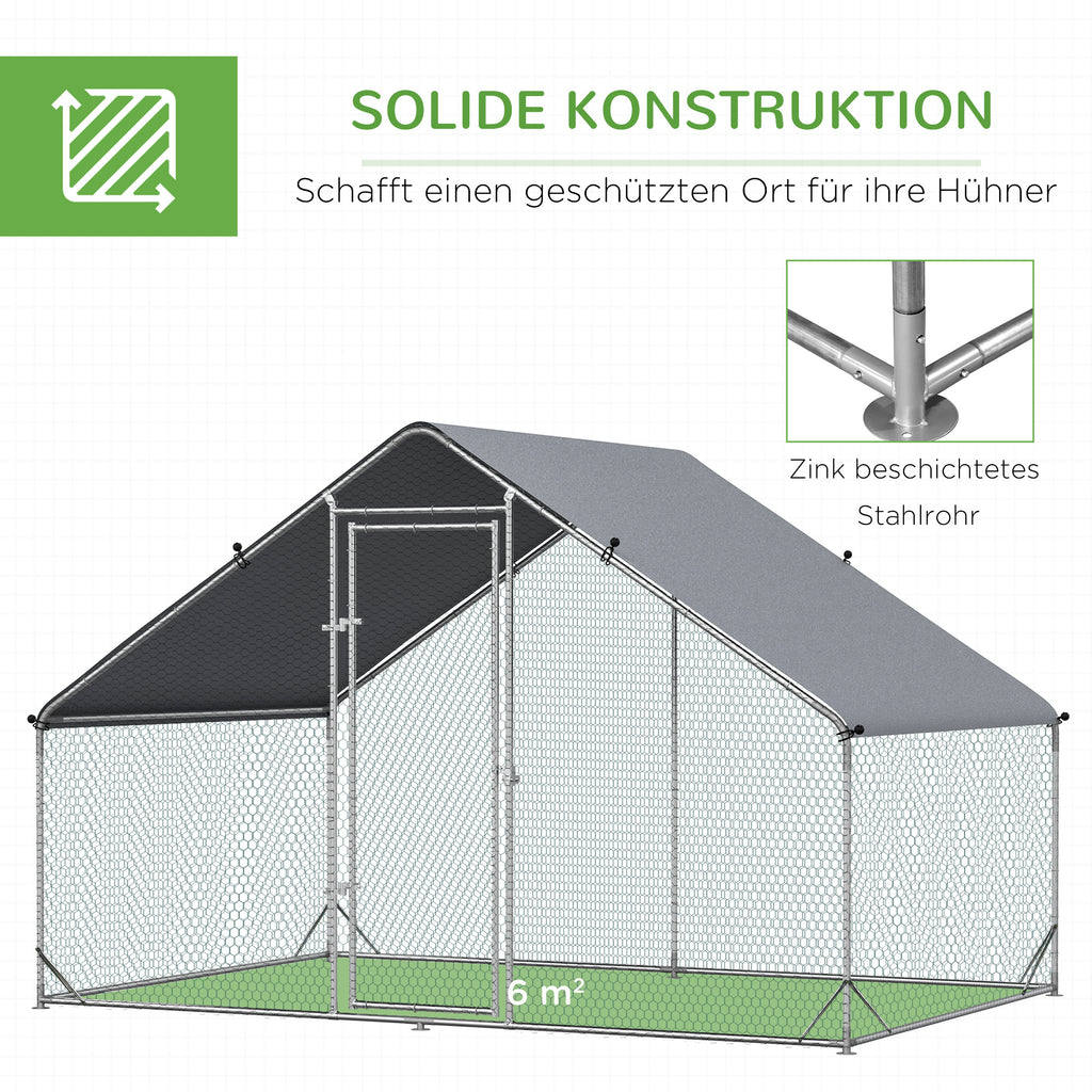 PawHut Hühnerstall, Freilaufgehege, Geflügelstall mit Schattendach, Freigehege für 4-6 Hühner, Enten Kaninchen, 3 x 2 x 2 m