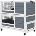 PawHut Kaninchenstall aus Holz für den Innenbereich auf Rädern 2 Etagen 2 herausnehmbare Tabletts, abschließbare Tür 90L x 53B x 97H cm