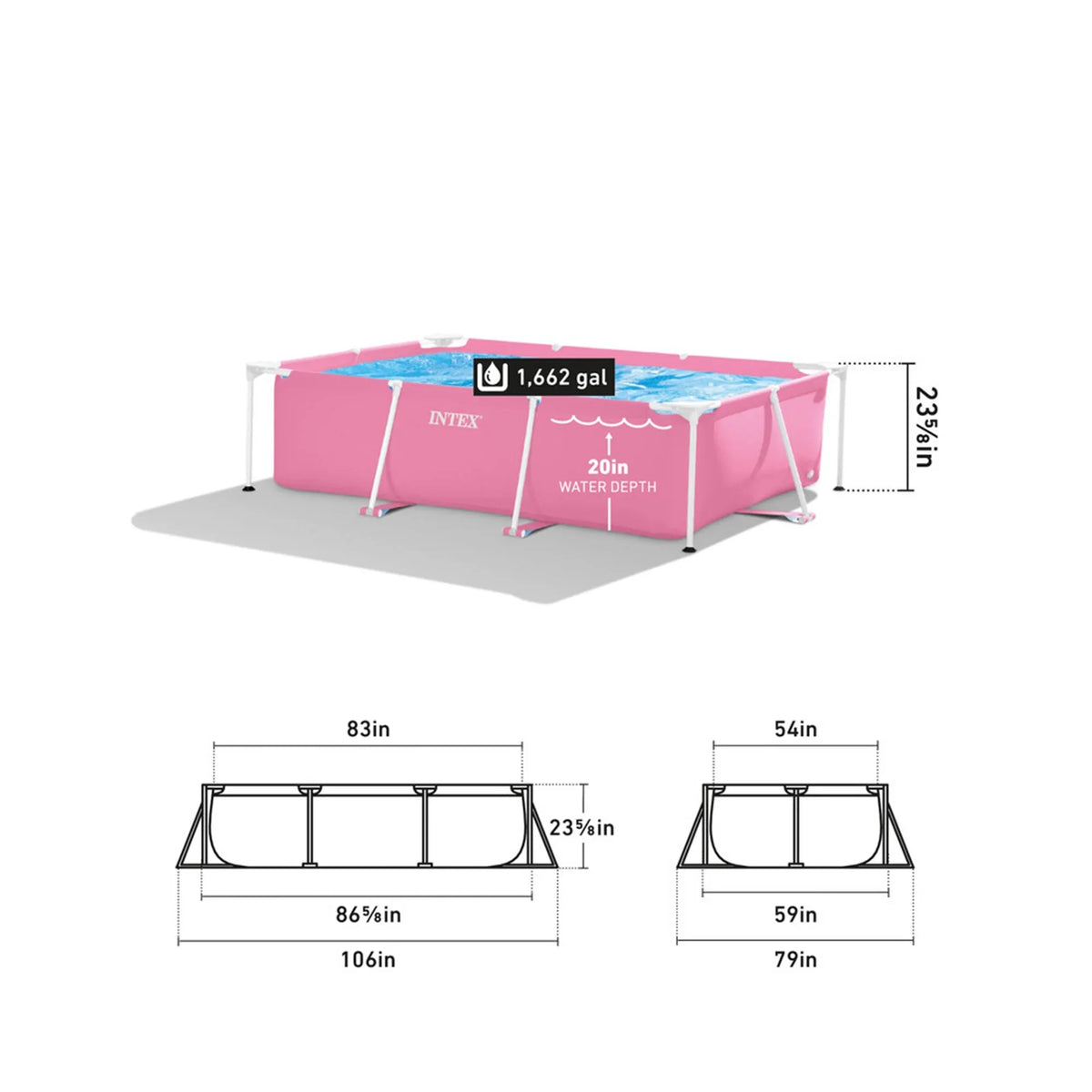 Open Box INTEX Rectangular Metal Frame 7ft x 23in Above Ground Swimming Pool, Pink