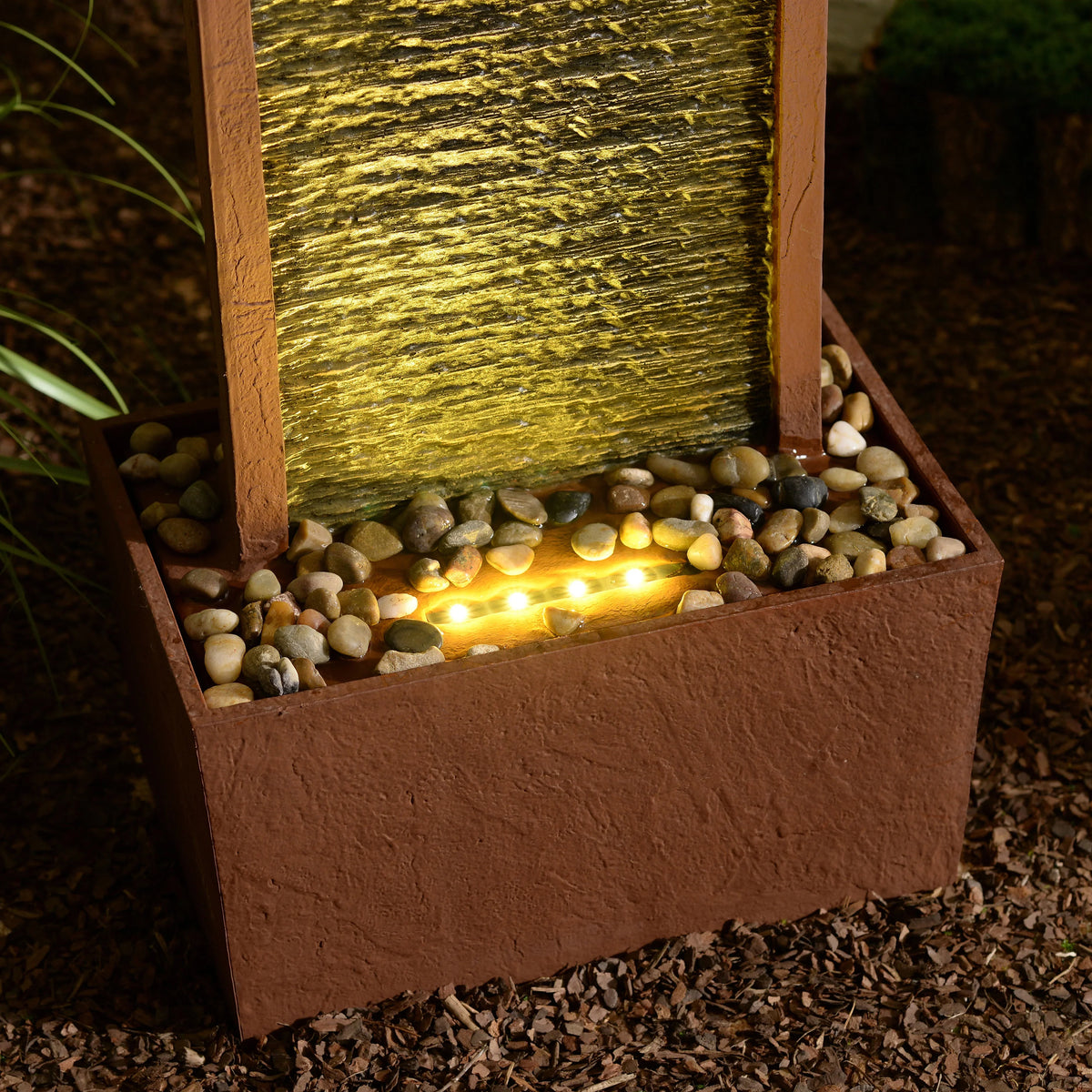 Teamson Home 38.5" Faux Slate Contemporary Outdoor LED Waterfall Fountain with Pebble Base, Red Rock