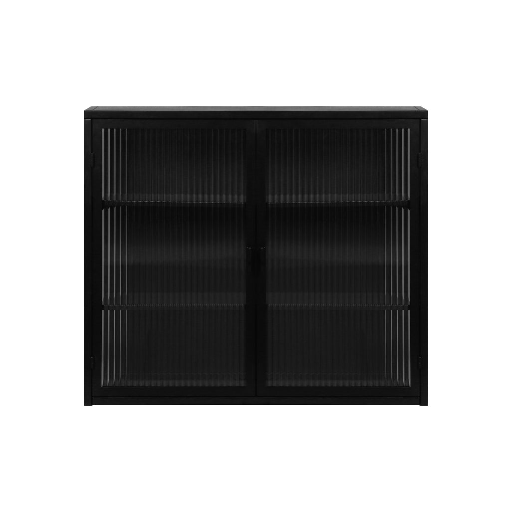 Badezimmerschrank hängend, Moderner Wandschrank 70x23x60 cm mit Glasfront und dreistufigen Regalen, Schwarz