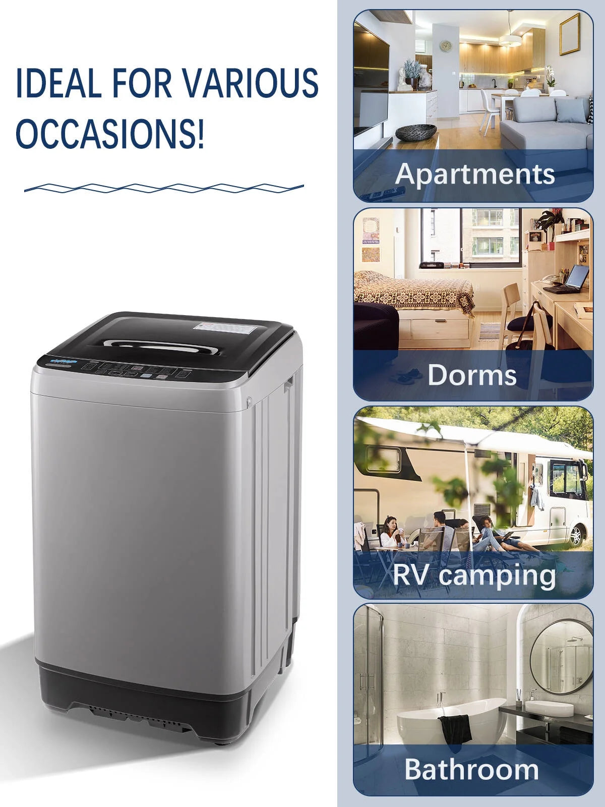 Krib B Full Automatic Washing Machine with Drain Pipe, 17.7 lb Portable Washers with 10 Programs & 8 Water Levels, Suitable for Apartment, Dorm, Grey
